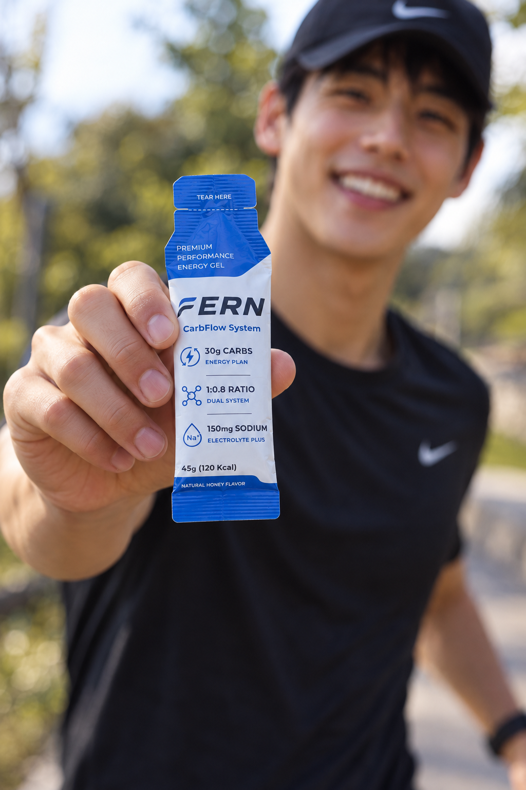 운동 후 FERN 에너지젤을 보여주는 러너